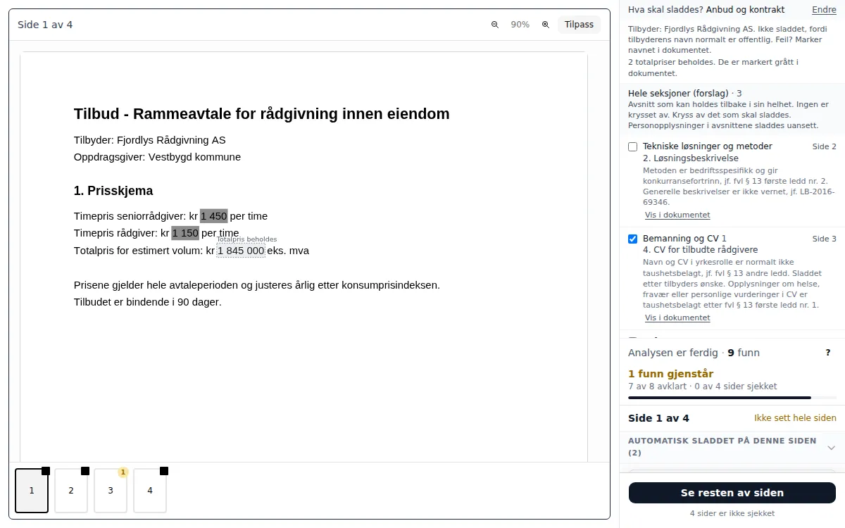 Et fiktivt tilbud i Sladd, med CV-en krysset av for sladding og en begrunnelse ved siden av.
