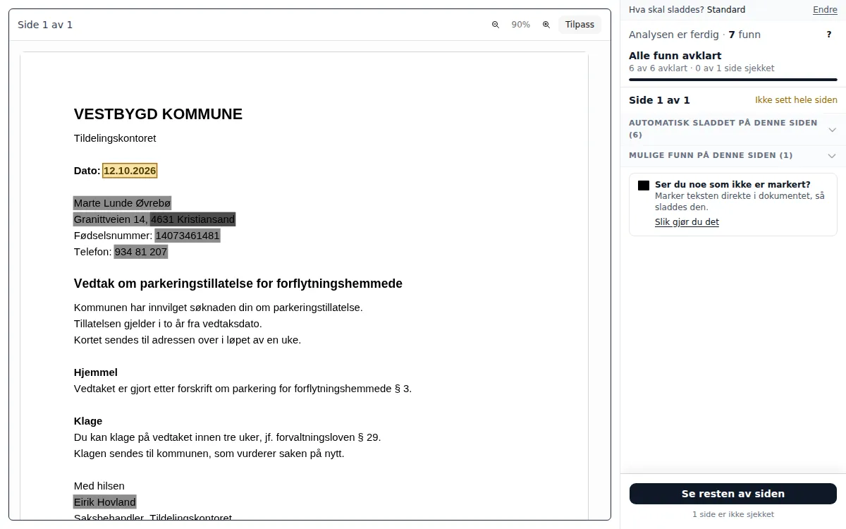 Et fiktivt vedtaksbrev i Sladd, med navn, fødselsnummer og adresse markert.